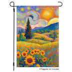 Sunflower landscape garden flag with rolling hills, cypress trees, swirling sky, and bright painterly sunset colors.