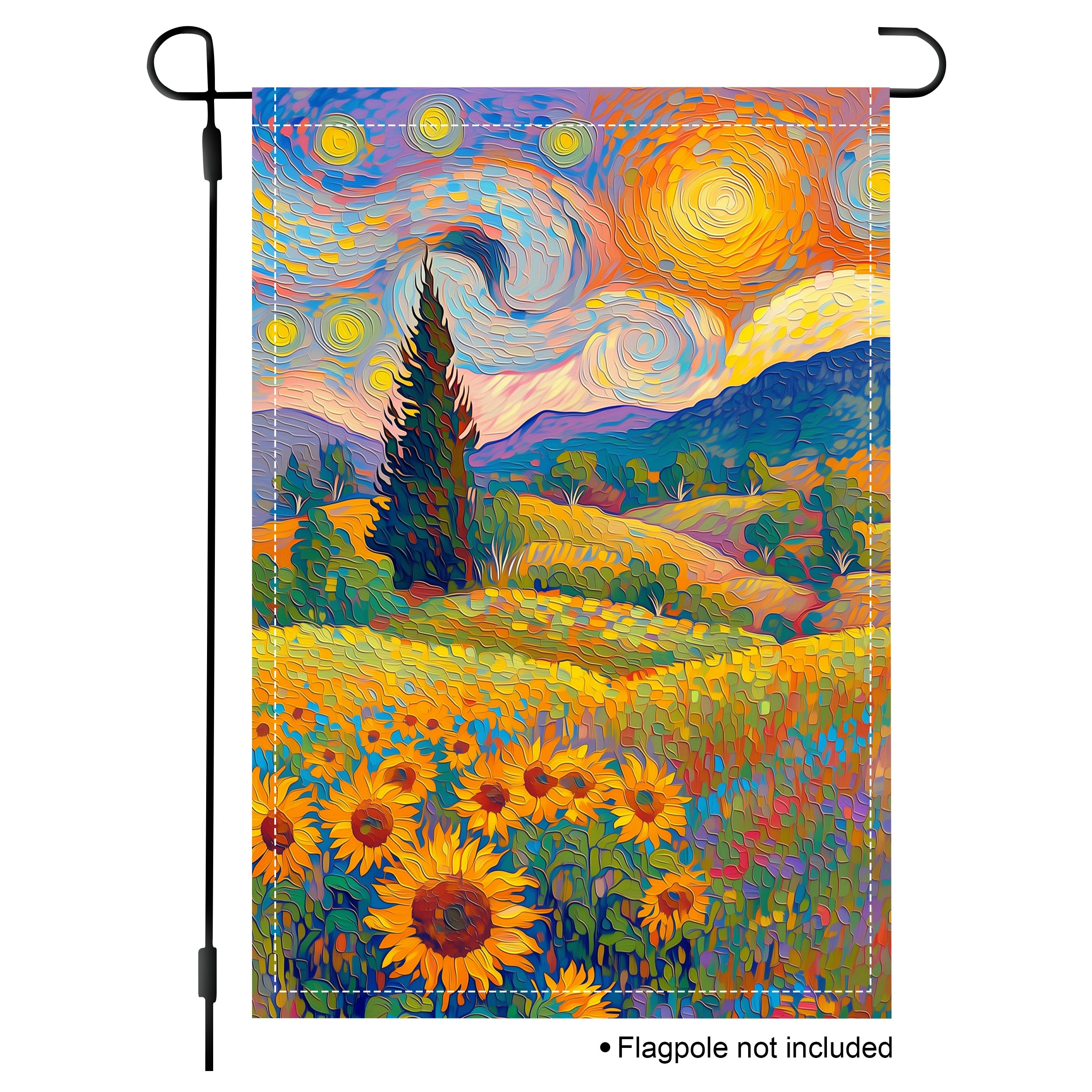 Sunflower landscape garden flag with rolling hills, cypress trees, swirling sky, and bright painterly sunset colors.
