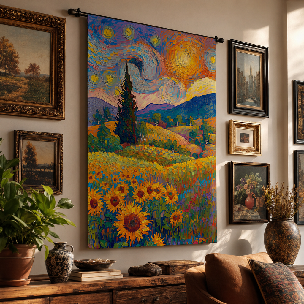 Sunflower landscape wall art displayed in a gallery-style room with vintage frames, warm wood furniture, and sunlight.