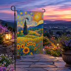 Sunflower landscape garden flag displayed on a stone patio at sunset, with glowing lantern light, purple flowers, and distant valley views.
