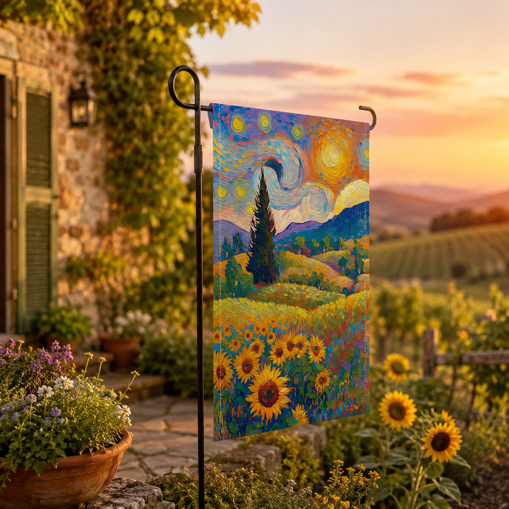 Sunflower landscape garden flag displayed beside a stone cottage and vineyard at sunset, with warm countryside light.