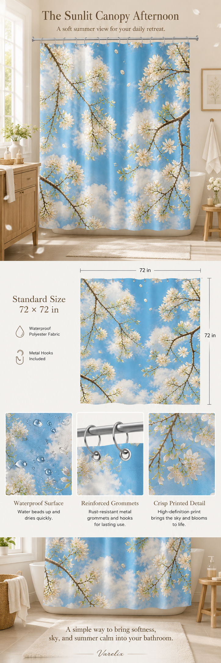 Detailed product infographic for the Varelix shower curtain, showing its 72x72 inch size, waterproof fabric, reinforced metal grommets, and printed flower details.