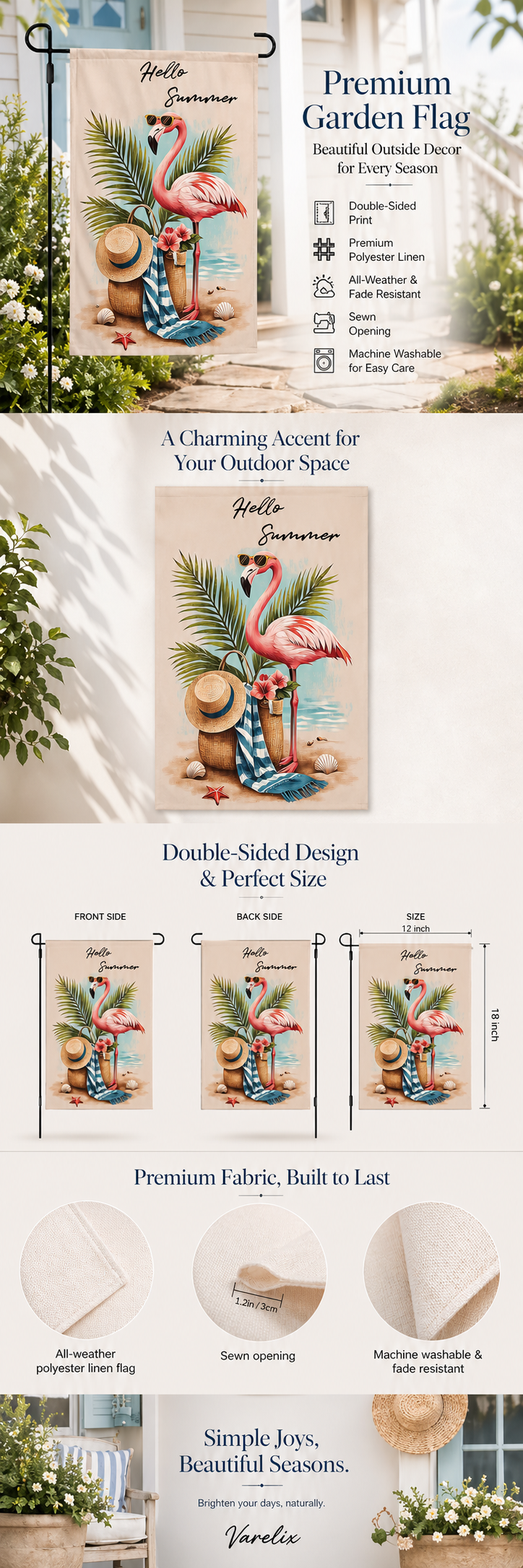 Sunlit flamingo getaway garden flag with product features and fabric details.
