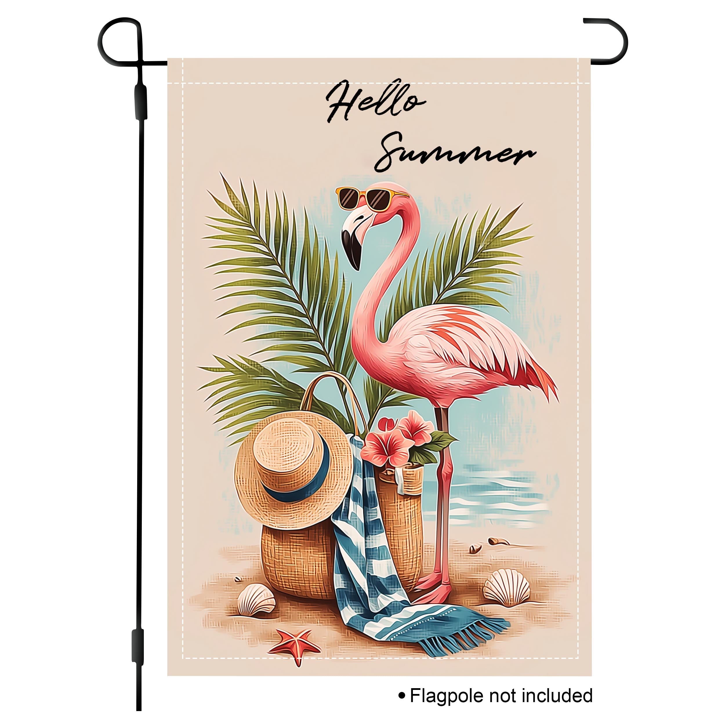 Sunlit flamingo getaway garden flag with tropical leaves and beach accents.