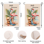 Sunlit flamingo getaway garden flag showing size, front side, and back side.