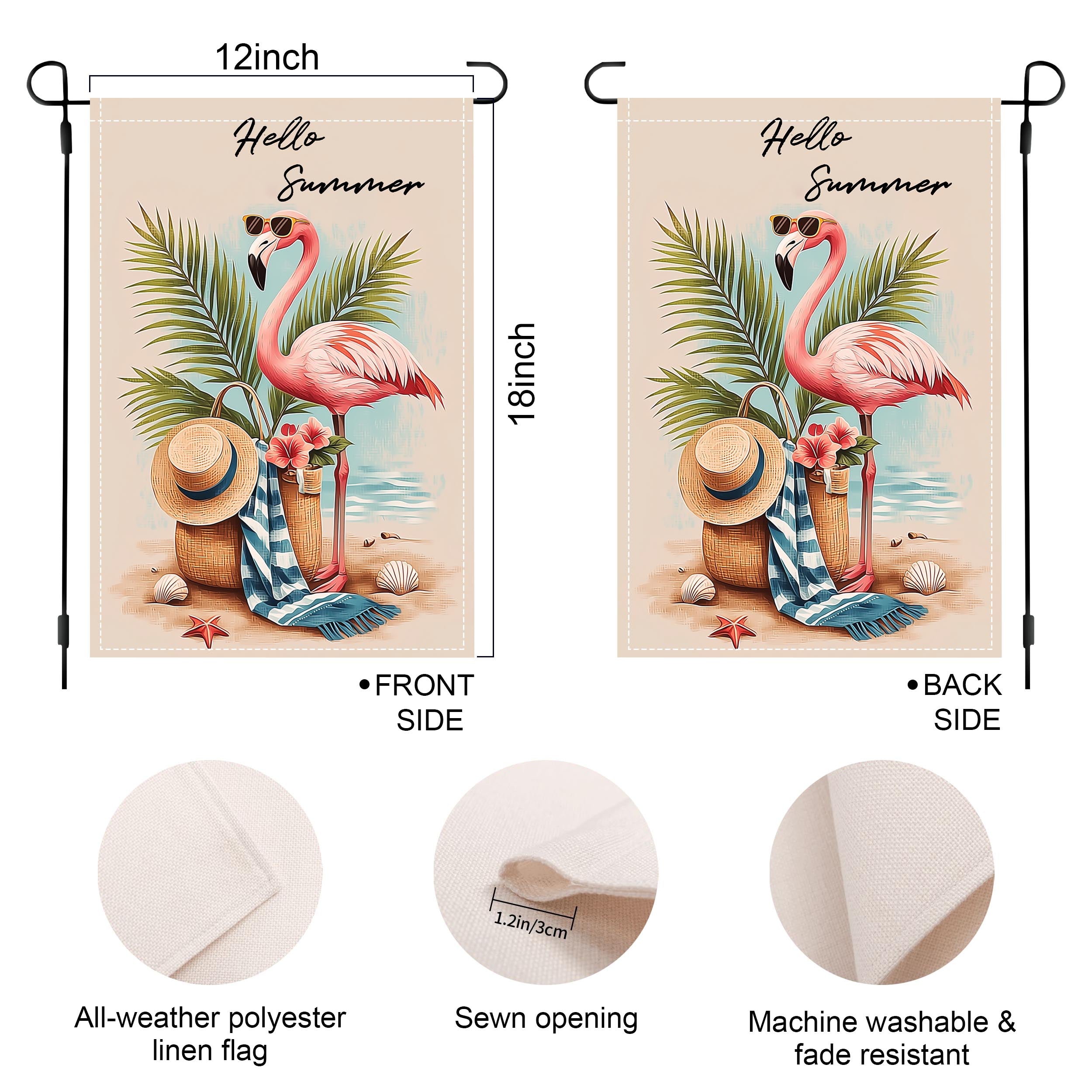 Sunlit flamingo getaway garden flag showing size, front side, and back side.