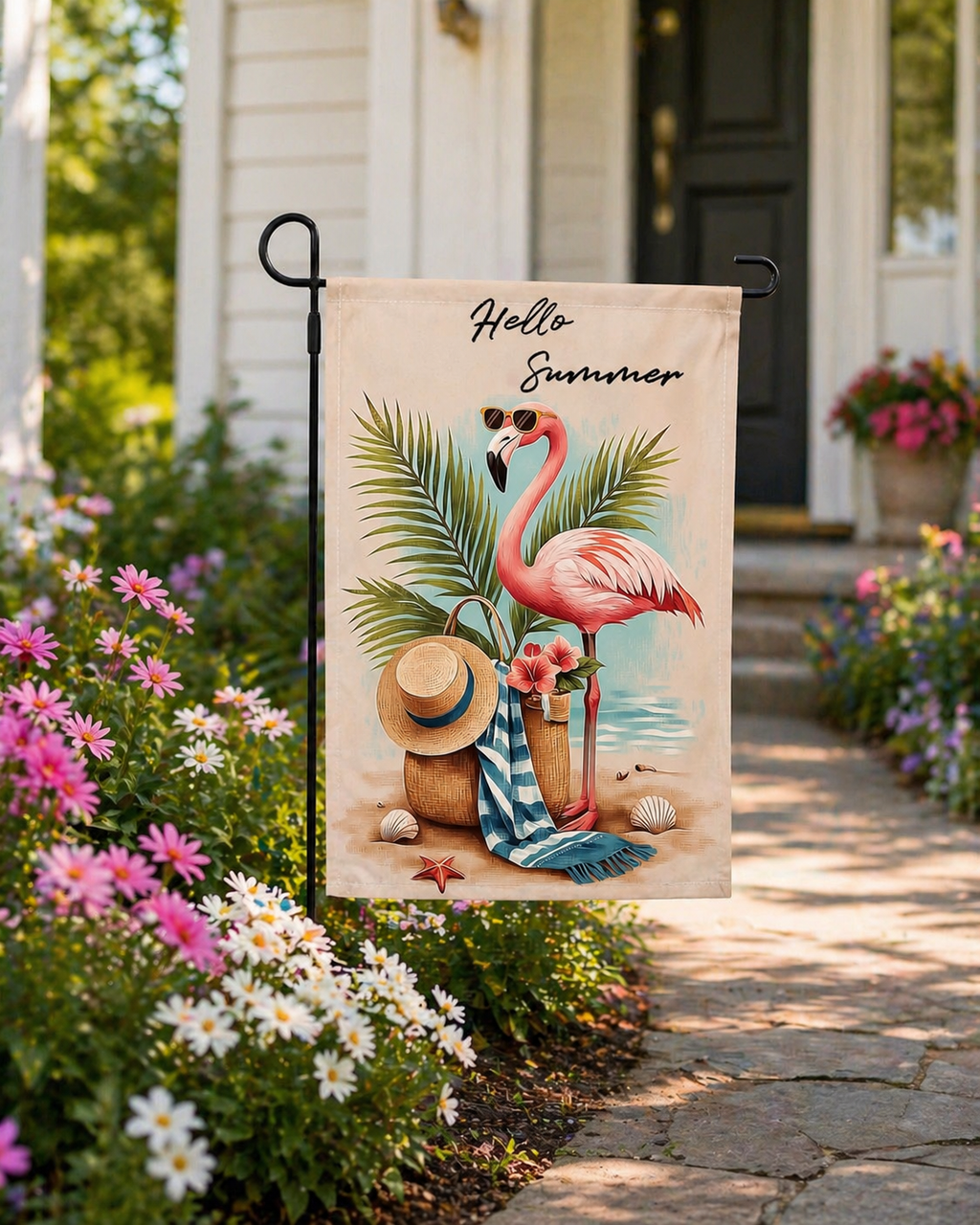Sunlit flamingo getaway garden flag displayed by a front porch walkway.