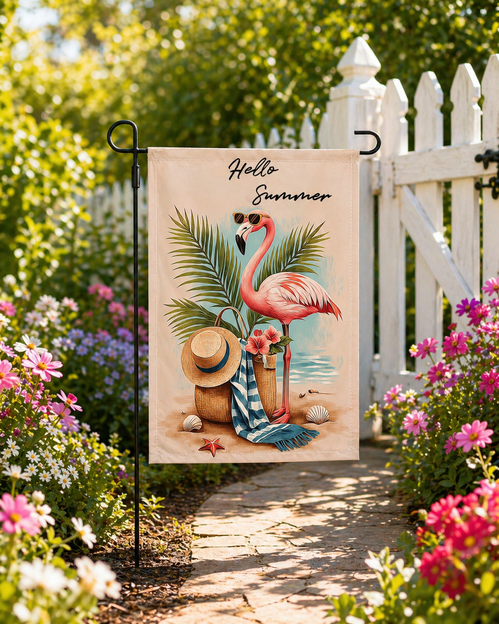 Sunlit flamingo getaway garden flag displayed along a sunny garden walkway.