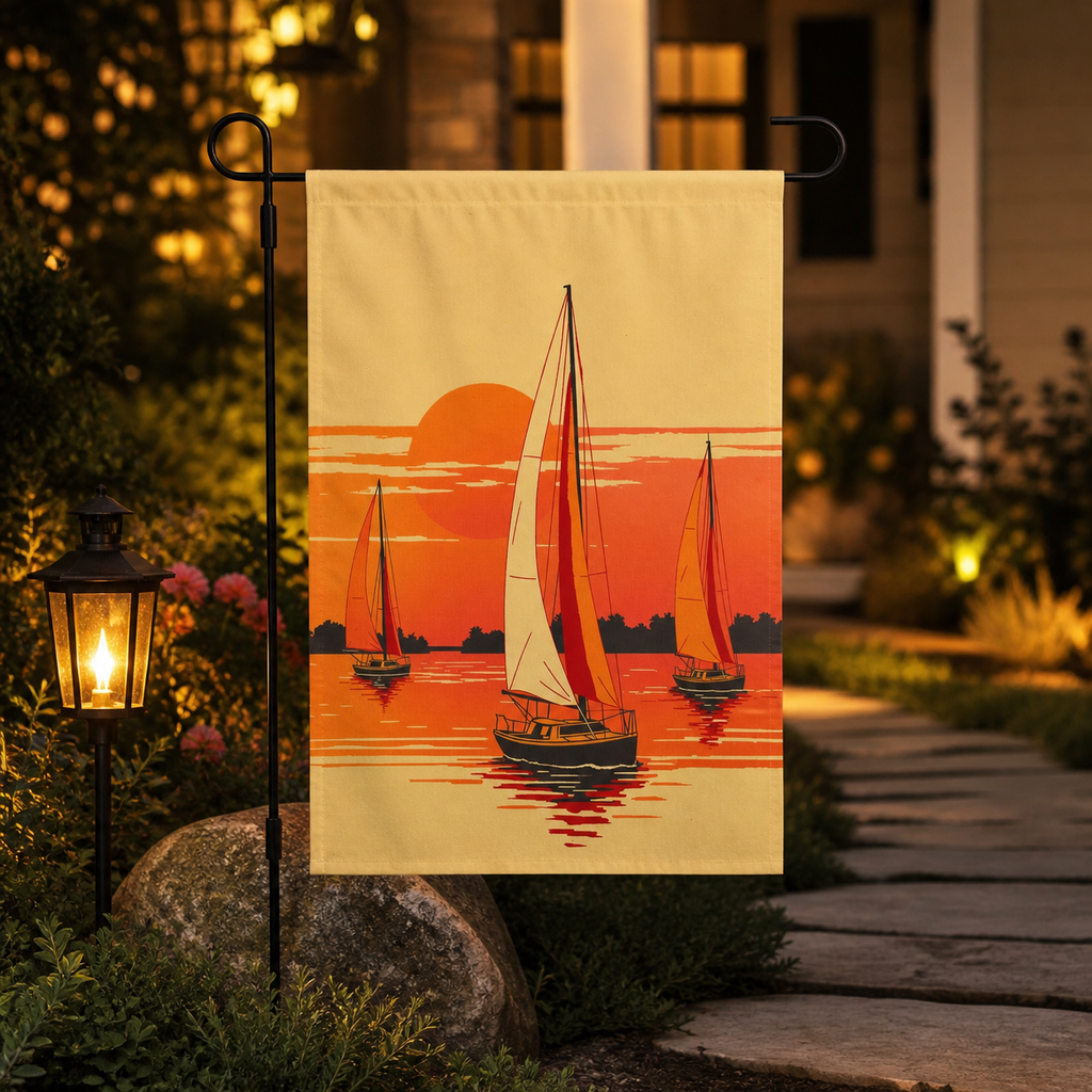 Sunset sailboat garden flag styled in a softly lit evening garden.
