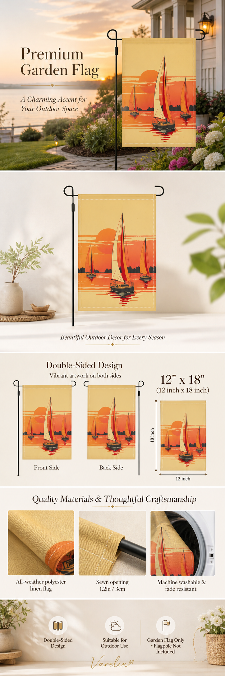 Sunset sailboat garden flag infographic with size and material details.