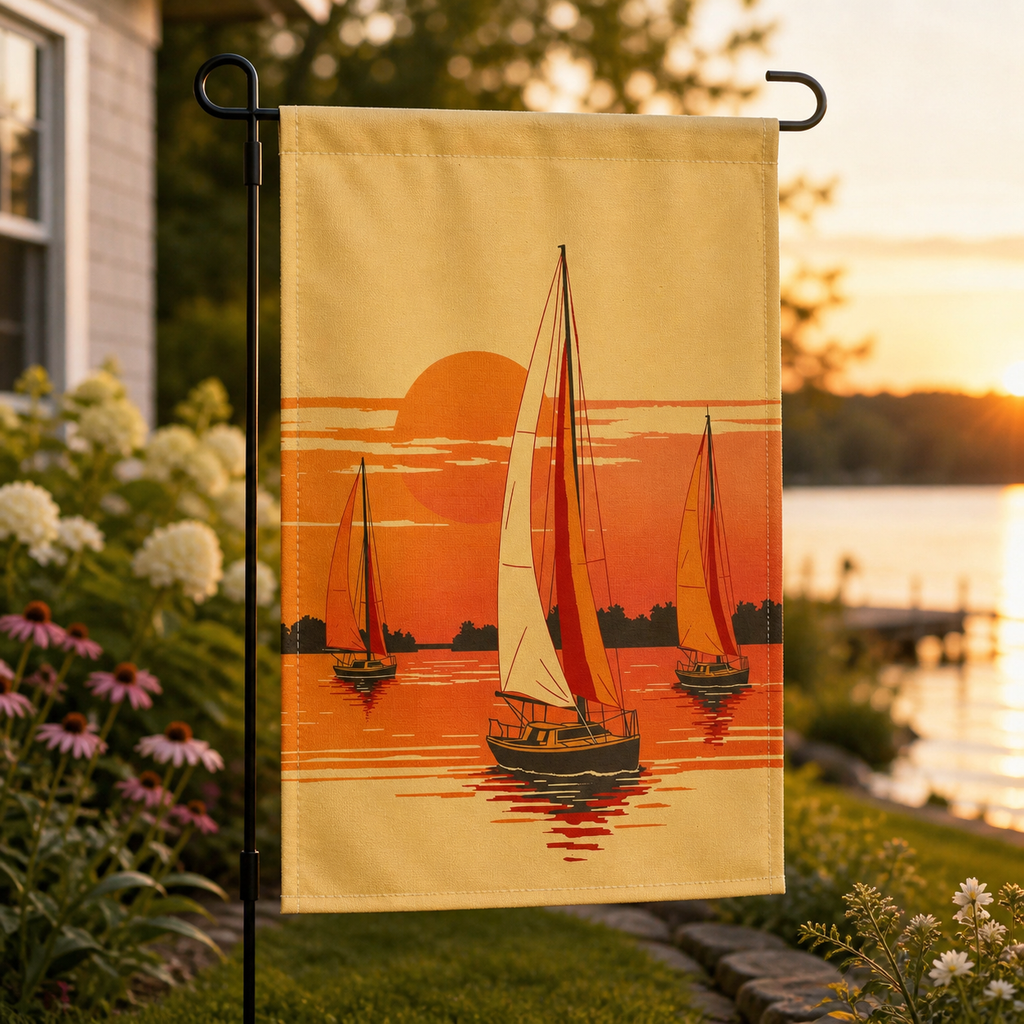 Sunset sailboat garden flag beside flowers and a golden lakeside view.