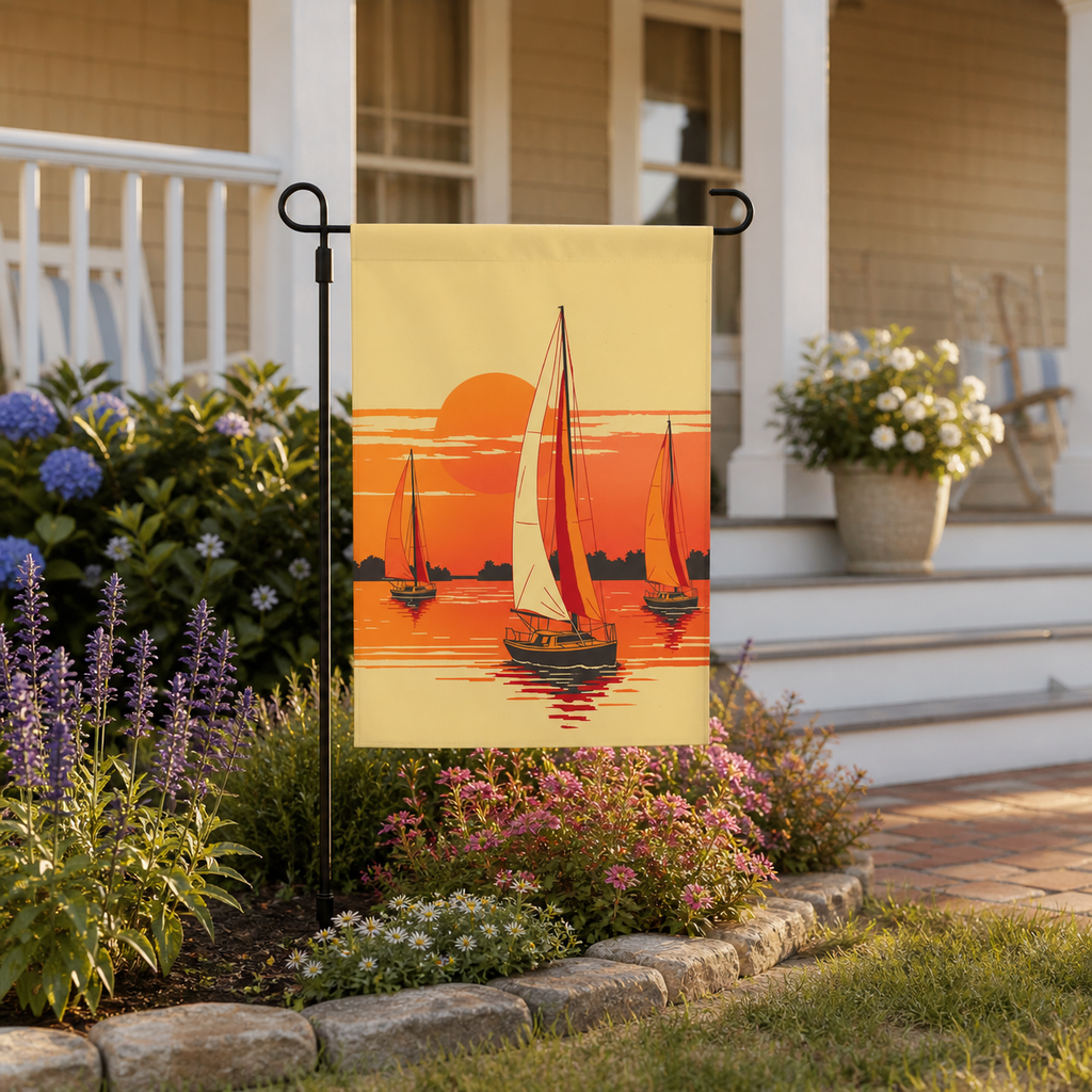 Sunset sailboat garden flag displayed in a flower-filled front yard.
