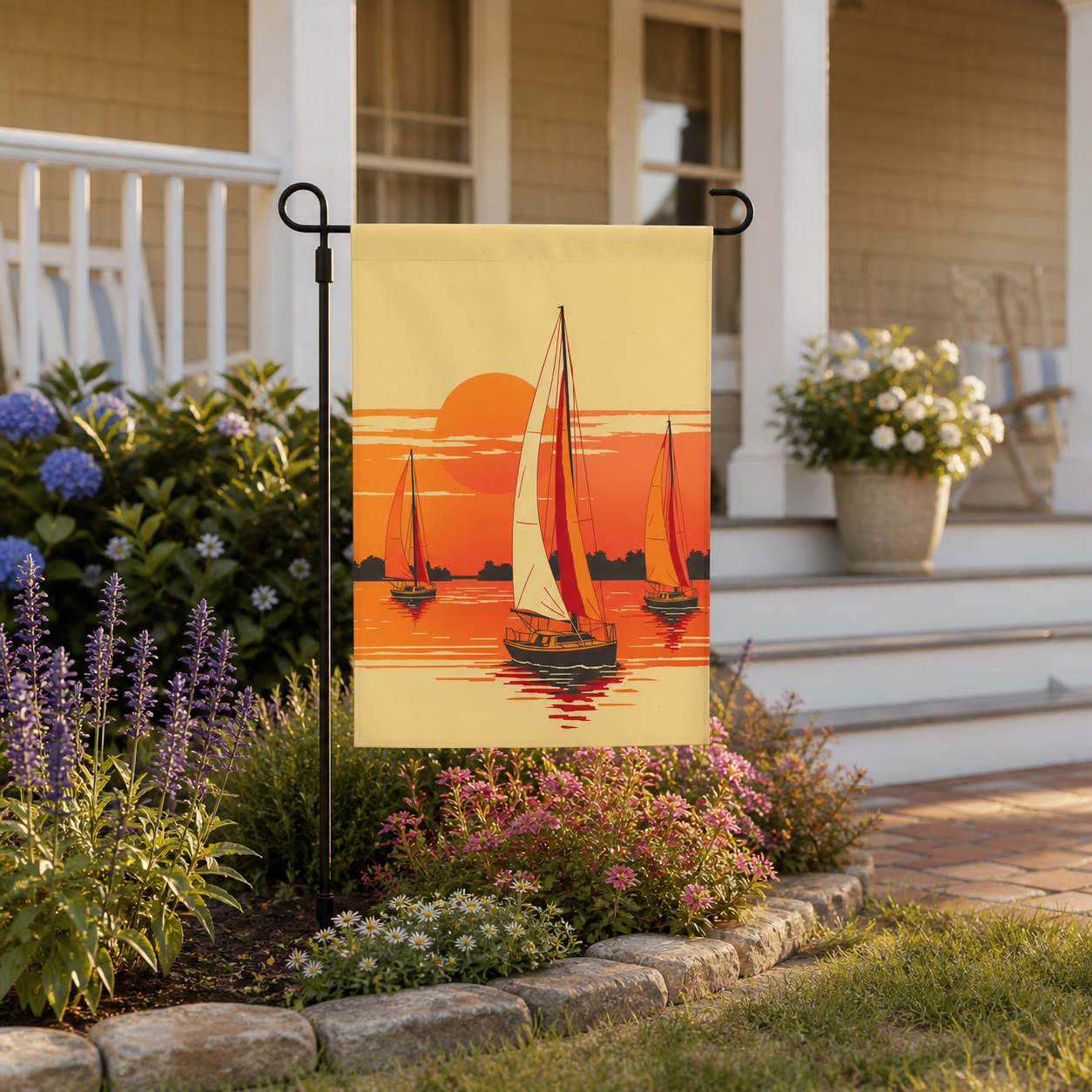 Sunset sailboat garden flag displayed in a flower-filled front yard.