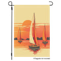 Sunset sailboat garden flag with warm orange lake artwork.