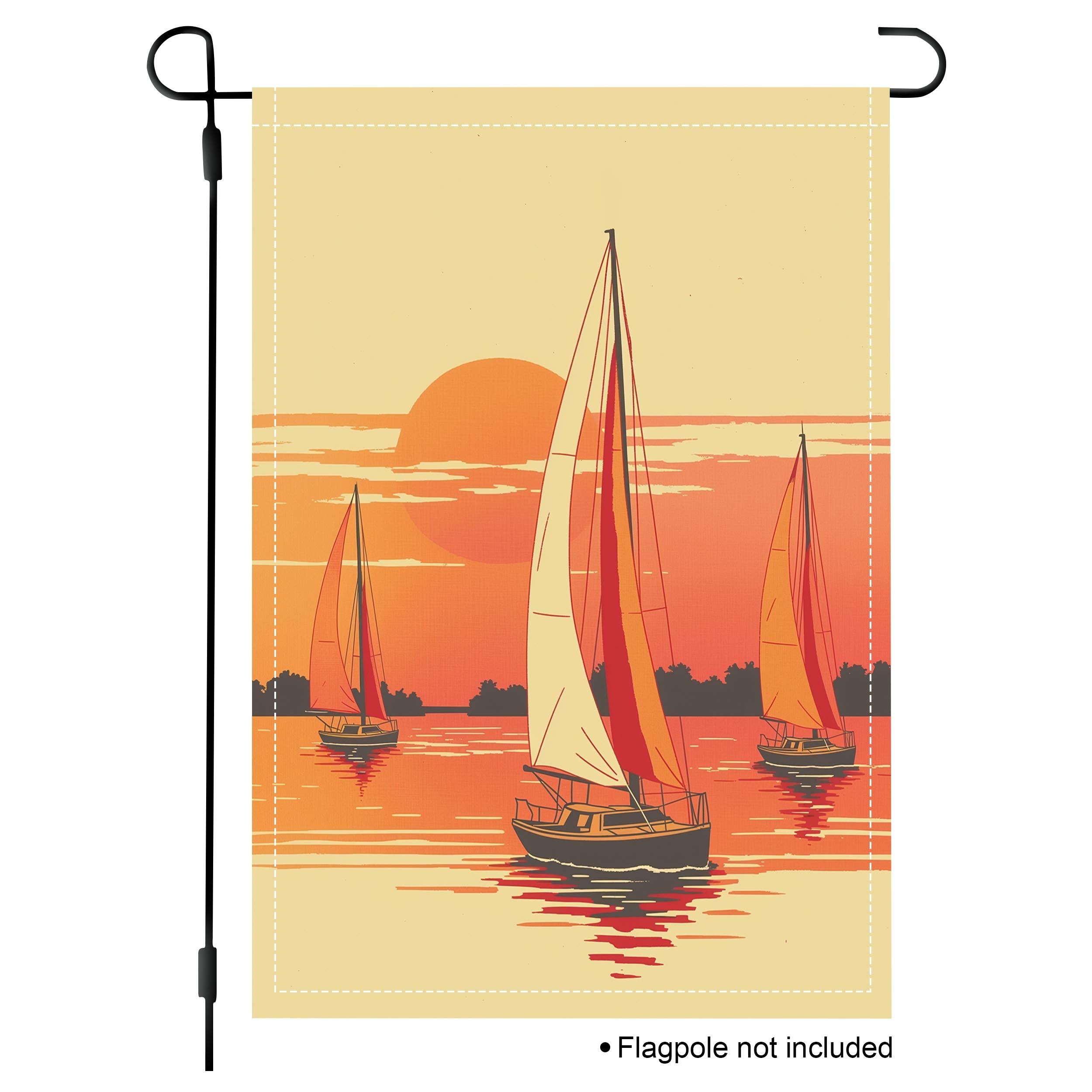 Sunset sailboat garden flag with warm orange lake artwork.