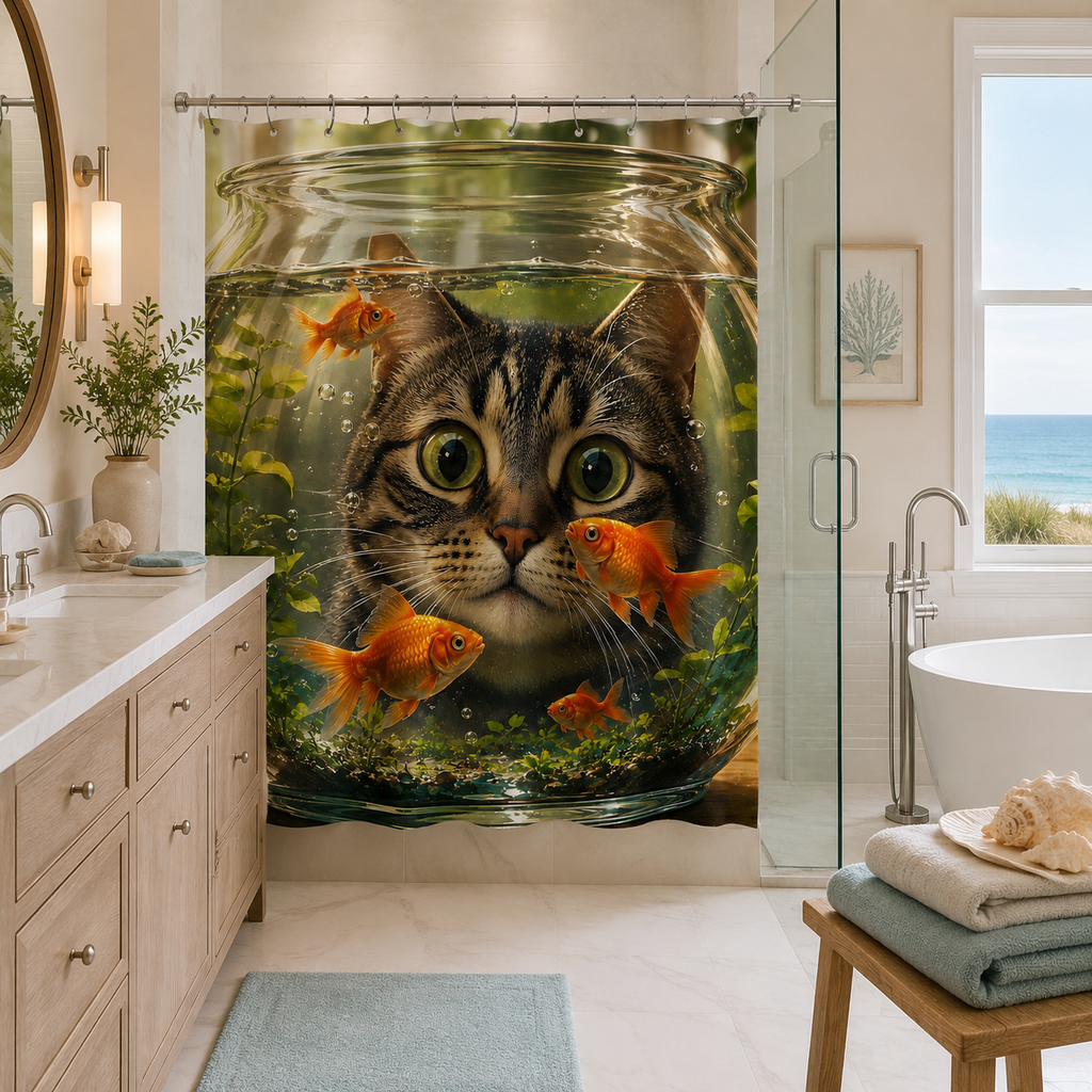 Creative cat and goldfish bowl art shower curtain in a modern bathroom with light wood vanity cabinets and a sea view window.