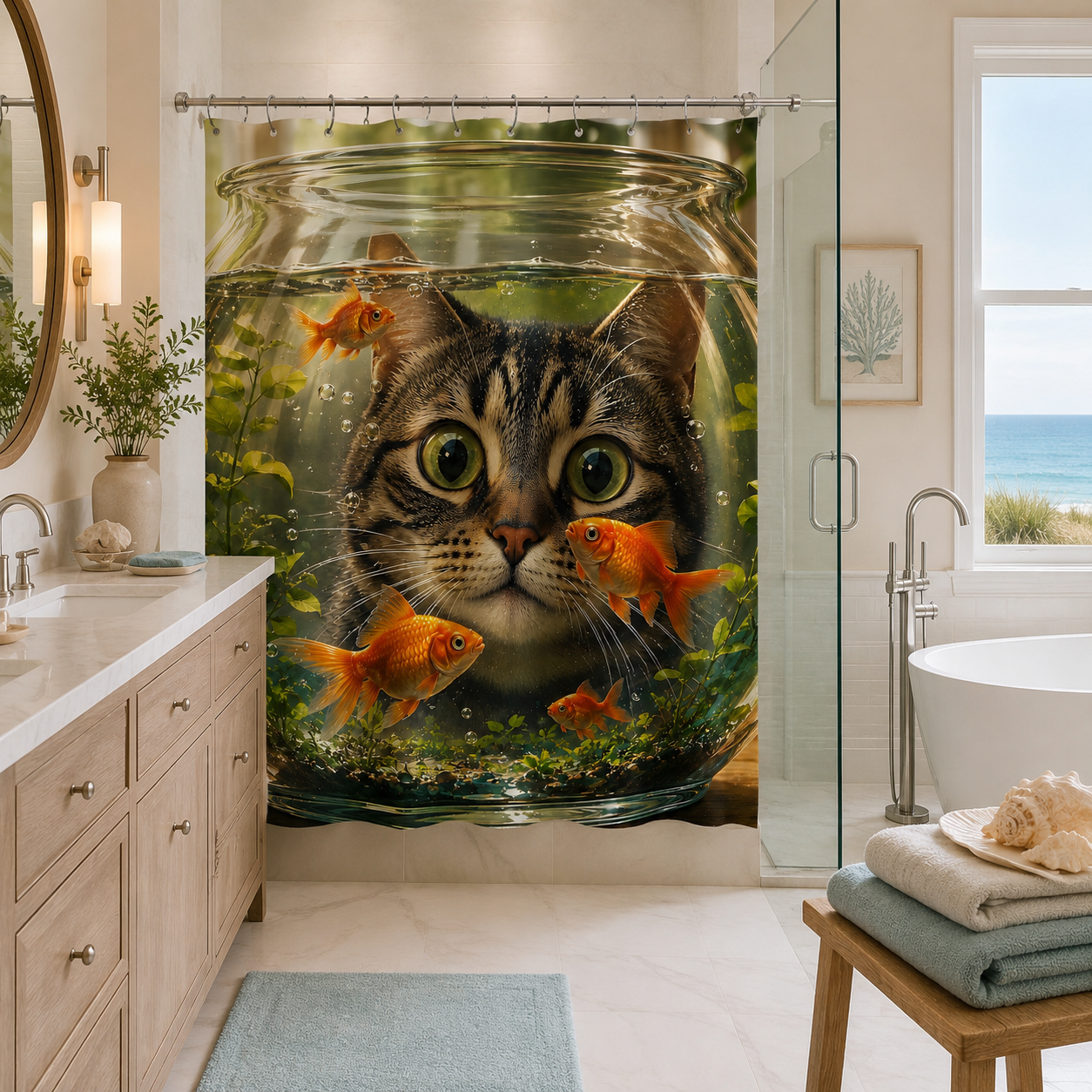 Creative cat and goldfish bowl art shower curtain in a modern bathroom with light wood vanity cabinets and a sea view window.