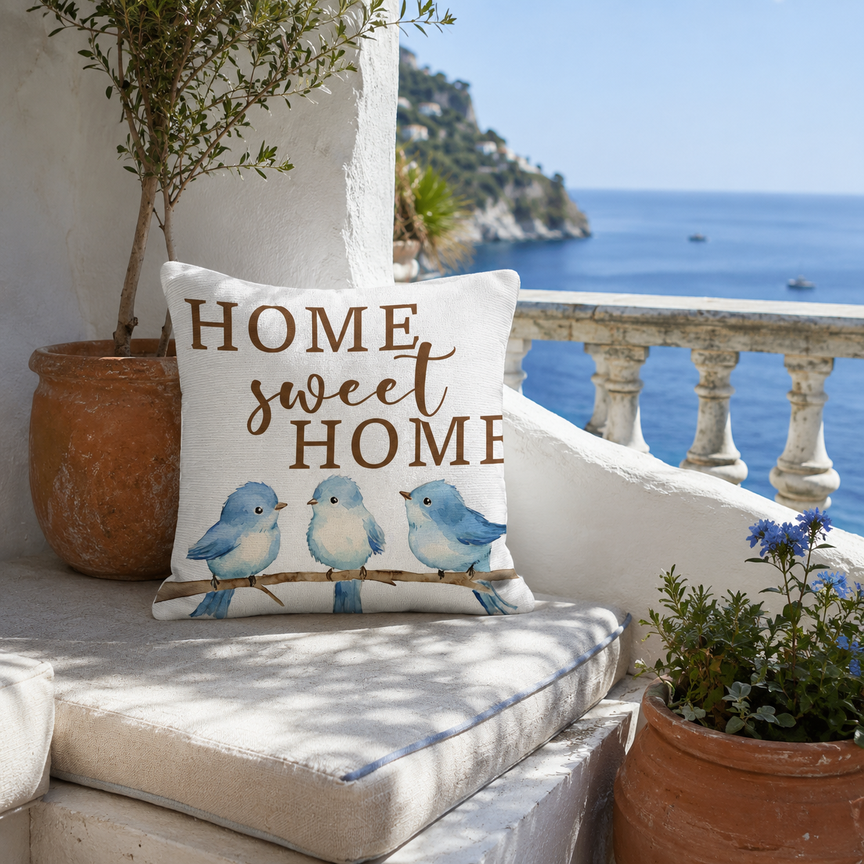 Home Sweet Home blue bird pillow cover styled on a Mediterranean balcony.
