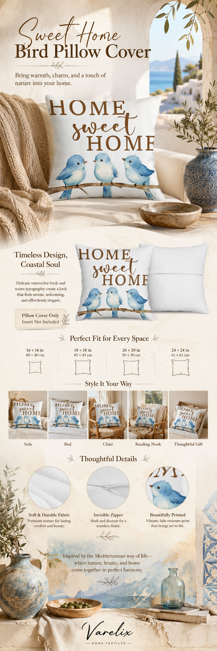 Home Sweet Home blue bird pillow cover infographic with sizes and styling details.