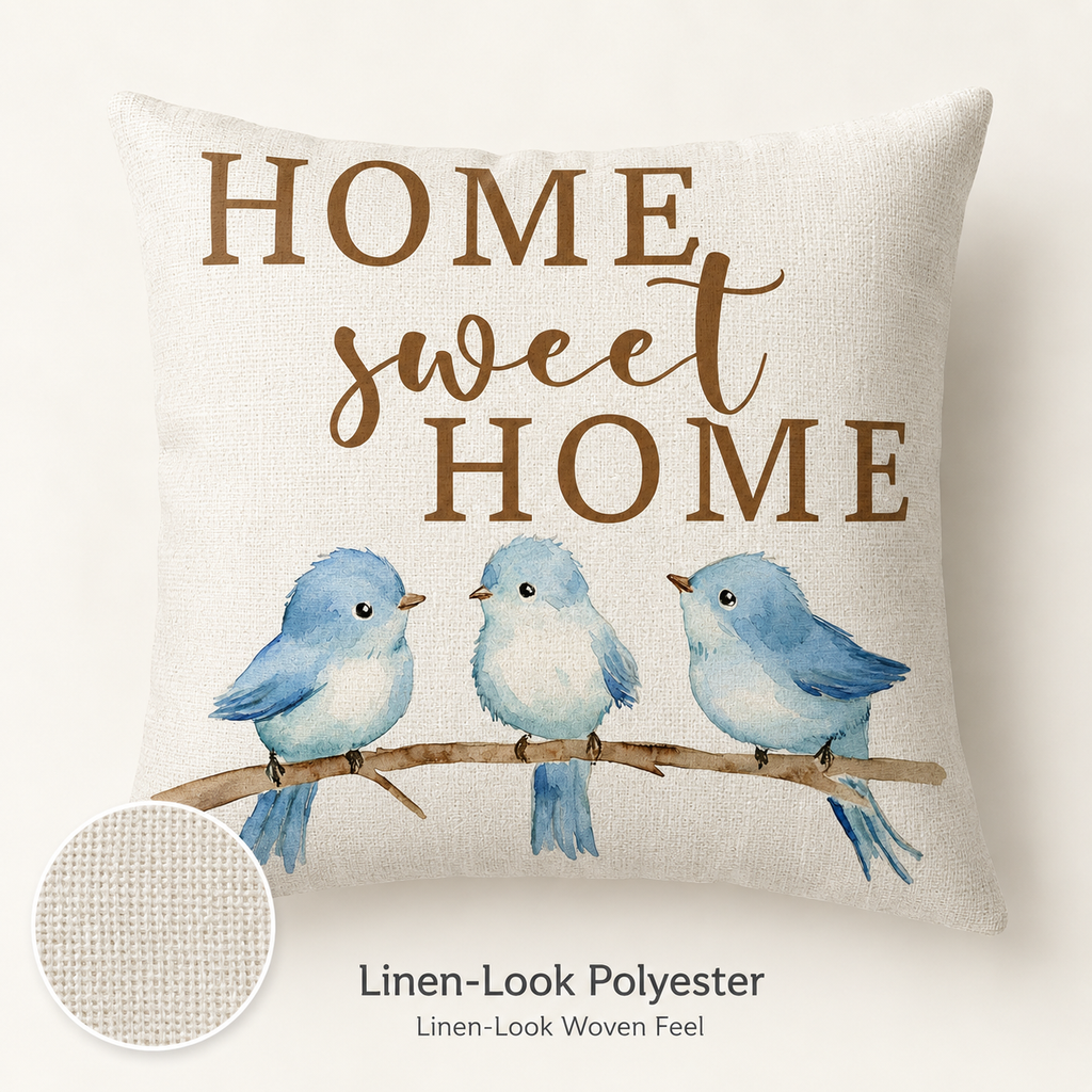 Home Sweet Home blue bird pillow cover with linen-look polyester texture detail.