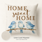 Home Sweet Home blue bird pillow cover with linen-look polyester texture detail.