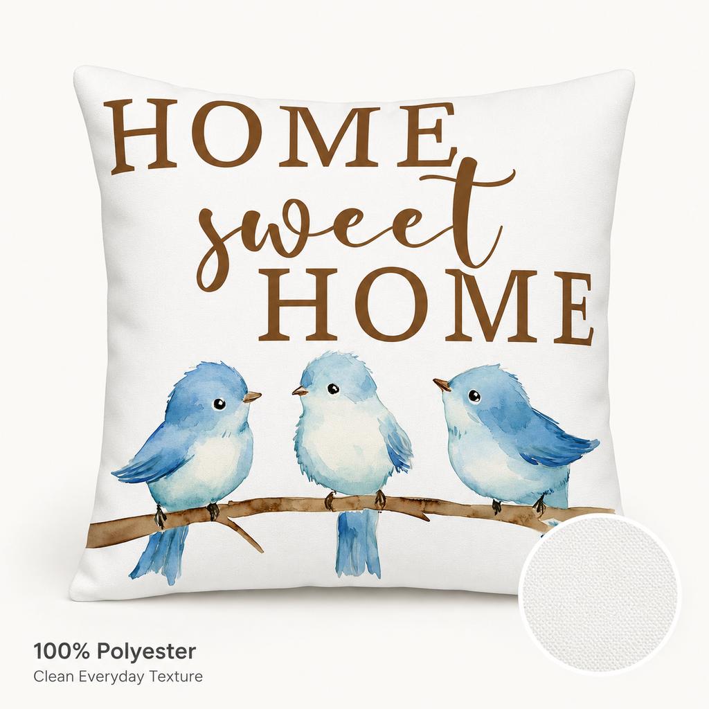 Home Sweet Home blue bird pillow cover shown as a white background product view.