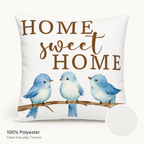 Home Sweet Home blue bird pillow cover shown as a white background product view.