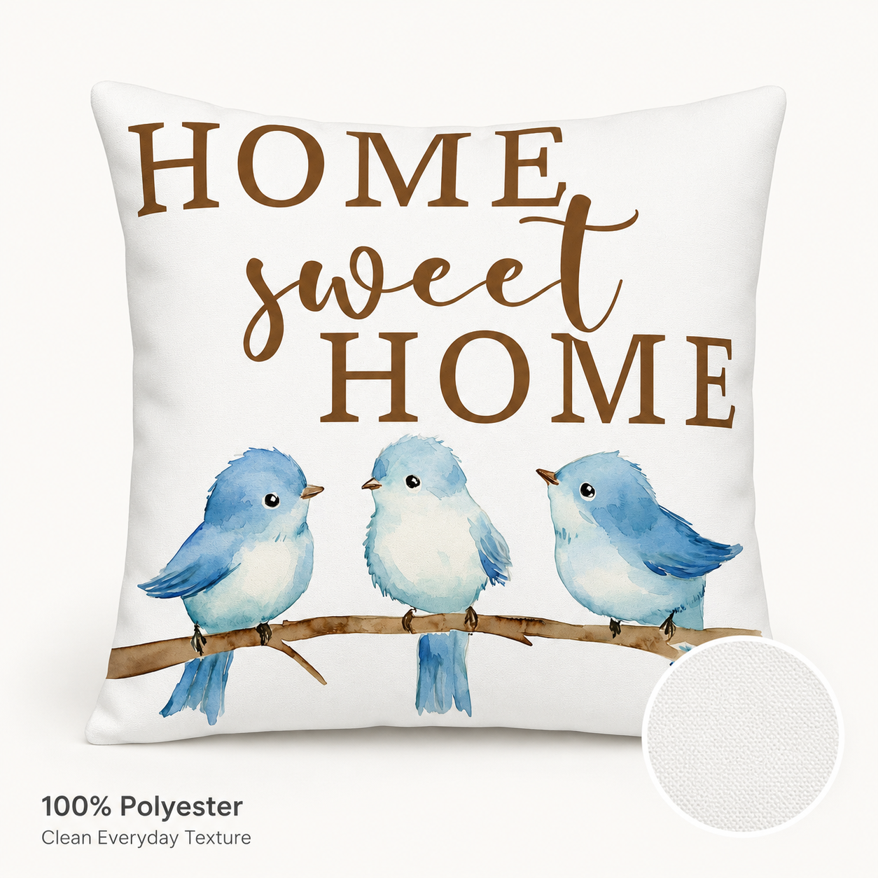 Home Sweet Home blue bird pillow cover shown as a white background product view.