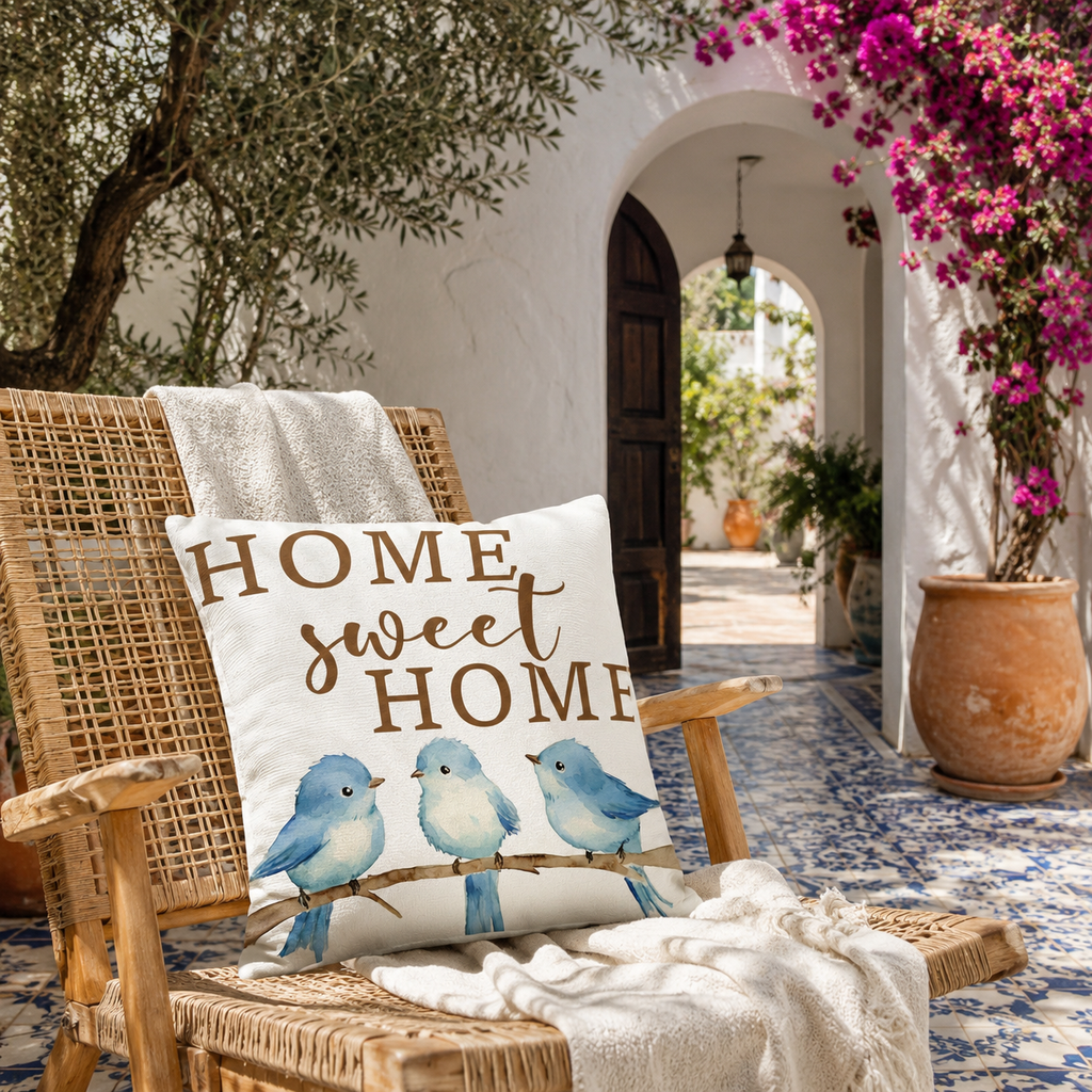 Home Sweet Home blue bird pillow cover on a sunny patio chair.