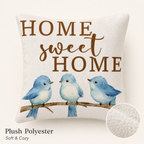 Home Sweet Home blue bird pillow cover with plush polyester texture detail.