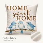 Home Sweet Home blue bird pillow cover with clean polyester texture detail.