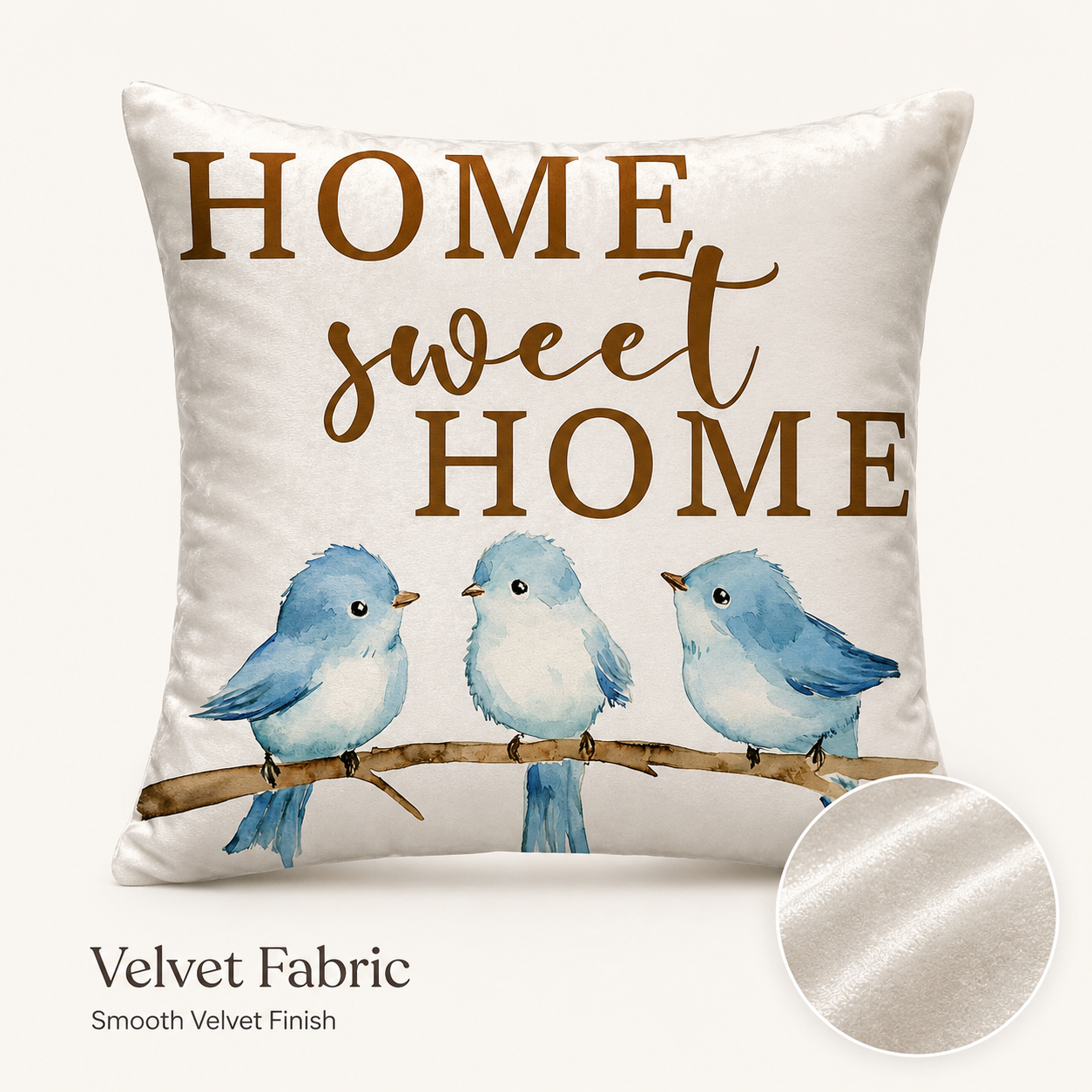 Home Sweet Home blue bird pillow cover with clean polyester texture detail.