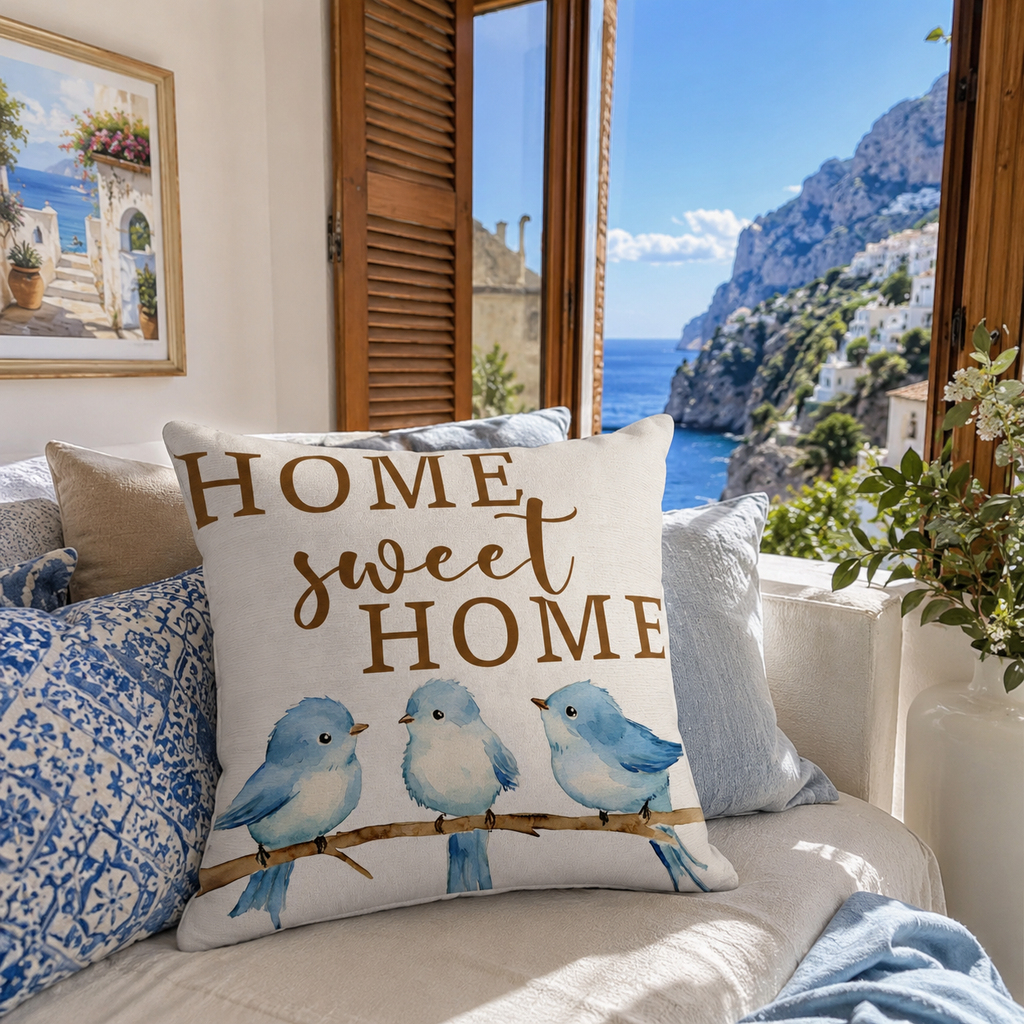 Home Sweet Home blue bird pillow cover with smooth velvet fabric detail.