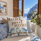 Home Sweet Home blue bird pillow cover with smooth velvet fabric detail.