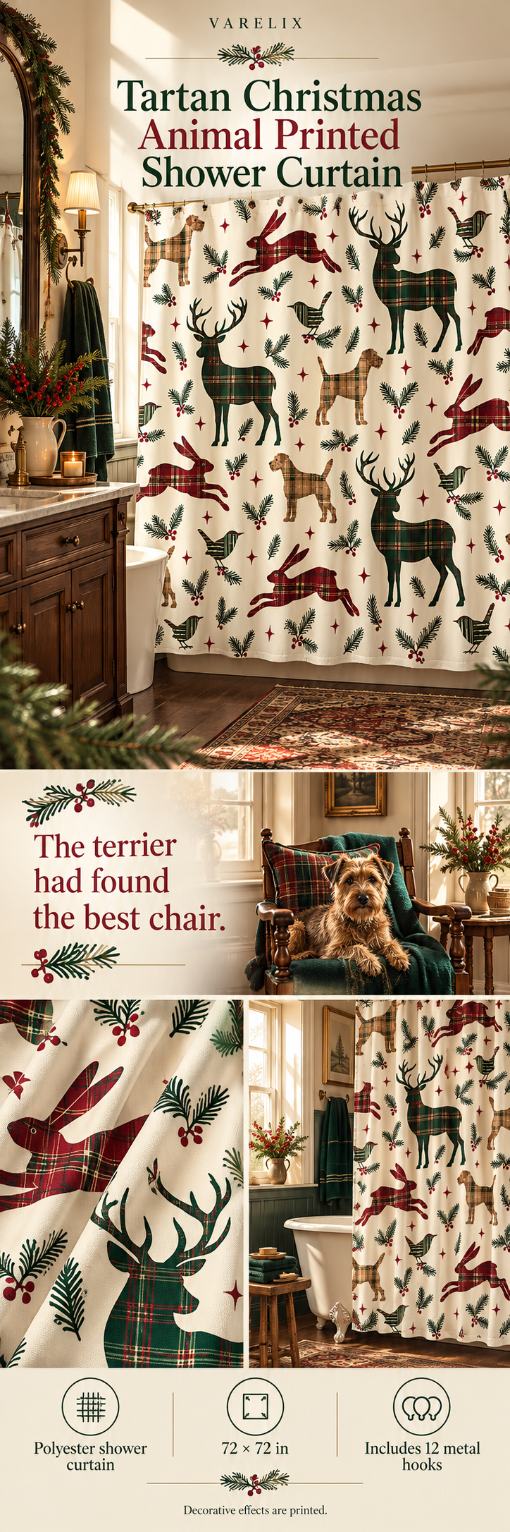 Tartan Christmas Animal Printed Shower Curtain by VARELIX, A+ detail poster with verified material, sizes and included items.