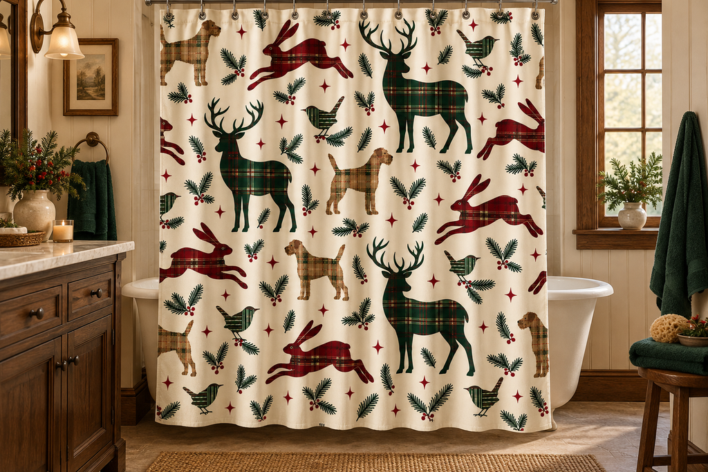 Tartan Christmas Animal Printed Shower Curtain, lifestyle view 1: Curtain fully drawn across a standard tub, nearly frontal view, entire square print readable, top rail and hooks cropped completely OUT OF FRAME; square print readable; no floor-length distortion.
