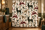 Tartan Christmas Animal Printed Shower Curtain, lifestyle view 2: Three-quarter view of a standard tub and square curtain, upper hardware cropped OUT OF FRAME, full printed motif visible with soft vertical folds, no window or fixture passing through cloth.