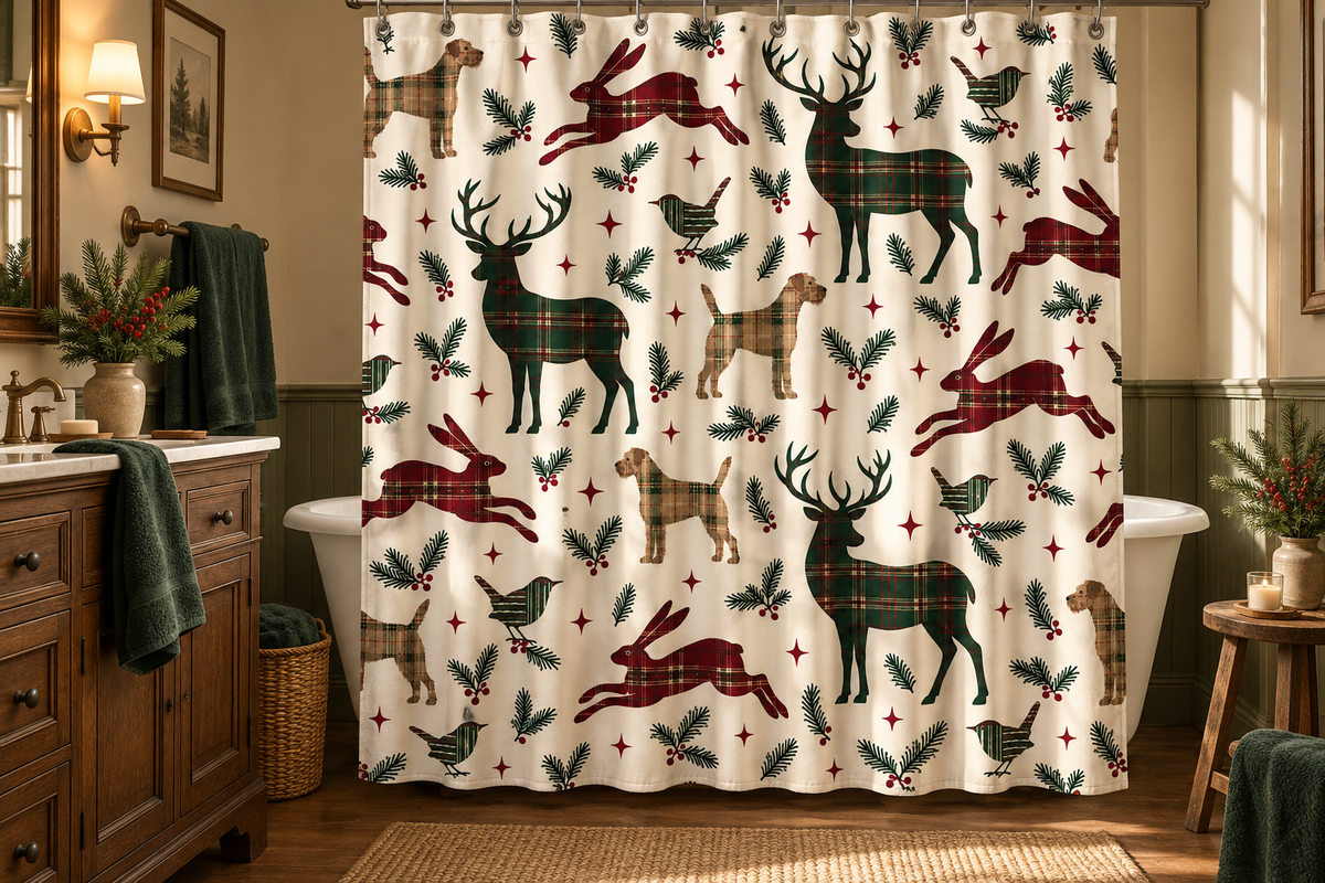 Tartan Christmas Animal Printed Shower Curtain, lifestyle view 2: Three-quarter view of a standard tub and square curtain, upper hardware cropped OUT OF FRAME, full printed motif visible with soft vertical folds, no window or fixture passing through cloth.
