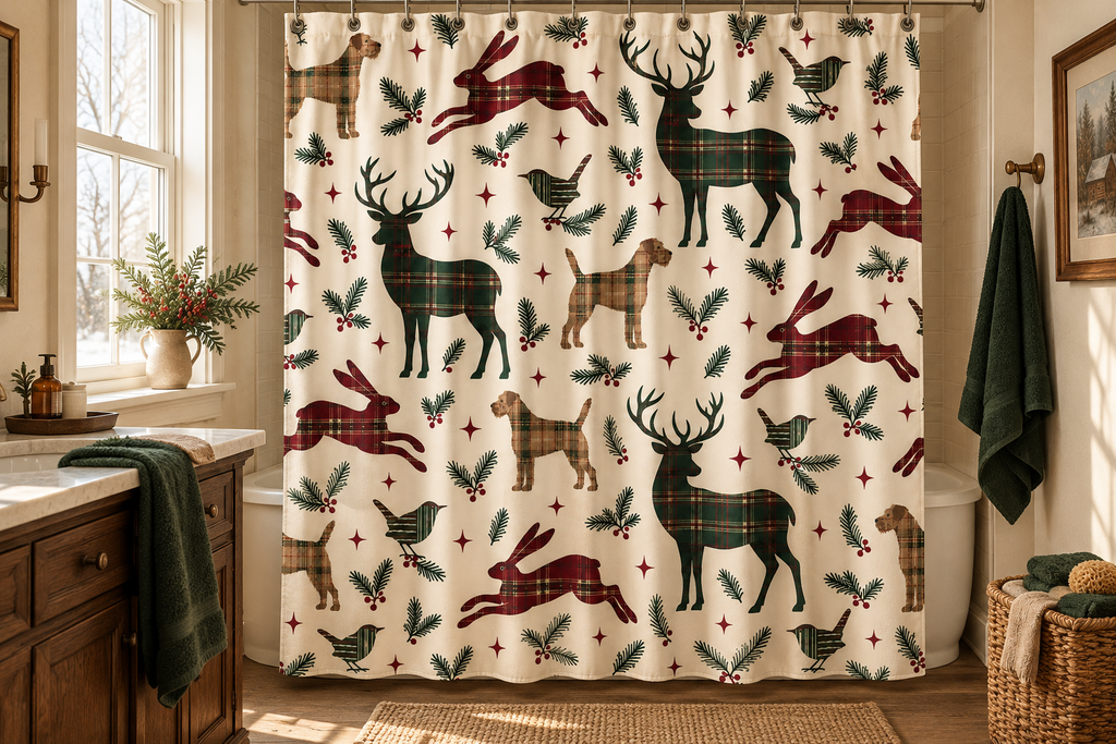Tartan Christmas Animal Printed Shower Curtain, lifestyle view 3: A bright bathroom with square curtain as the dominant focal wall, medium-wide editorial view, top hardware deliberately cropped OUT OF FRAME, camera at natural eye level.