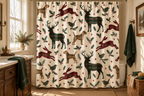 Tartan Christmas Animal Printed Shower Curtain, lifestyle view 3: A bright bathroom with square curtain as the dominant focal wall, medium-wide editorial view, top hardware deliberately cropped OUT OF FRAME, camera at natural eye level.