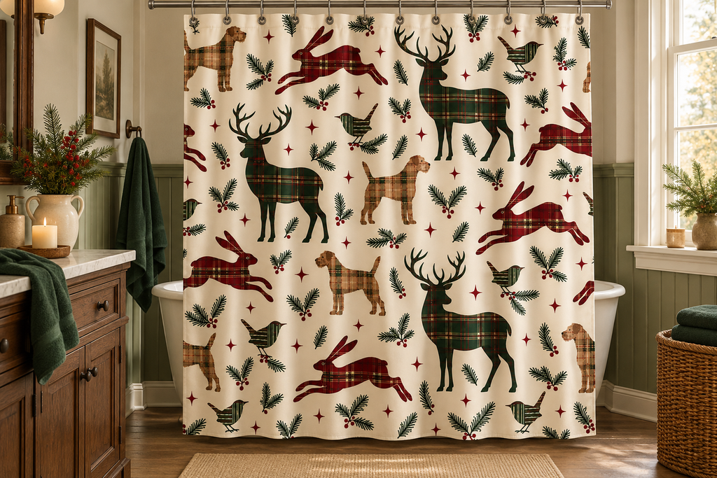 Tartan Christmas Animal Printed Shower Curtain, lifestyle view 4: Closer front-angle bathroom view focused on the full square printed curtain, restrained surroundings, realistic fabric folds without hiding the central design; top hardware cropped OUT OF FRAME.