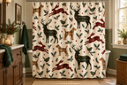 Tartan Christmas Animal Printed Shower Curtain, lifestyle view 4: Closer front-angle bathroom view focused on the full square printed curtain, restrained surroundings, realistic fabric folds without hiding the central design; top hardware cropped OUT OF FRAME.