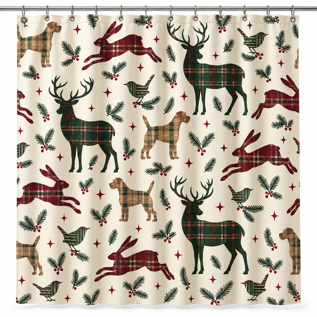 Tartan Christmas Animal Printed Shower Curtain on a white background, showing the complete printed design.