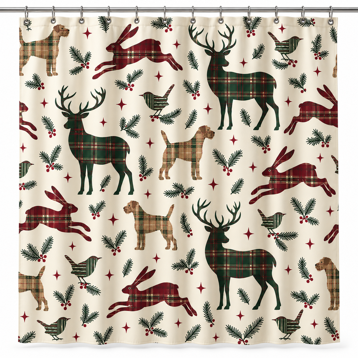 Tartan Christmas Animal Printed Shower Curtain on a white background, showing the complete printed design.