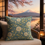 Teal chrysanthemum pillow cover styled beside a Mount Fuji window view.