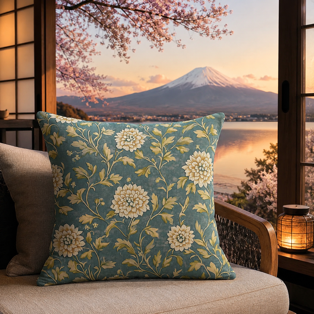Teal chrysanthemum pillow cover styled beside a Mount Fuji window view.