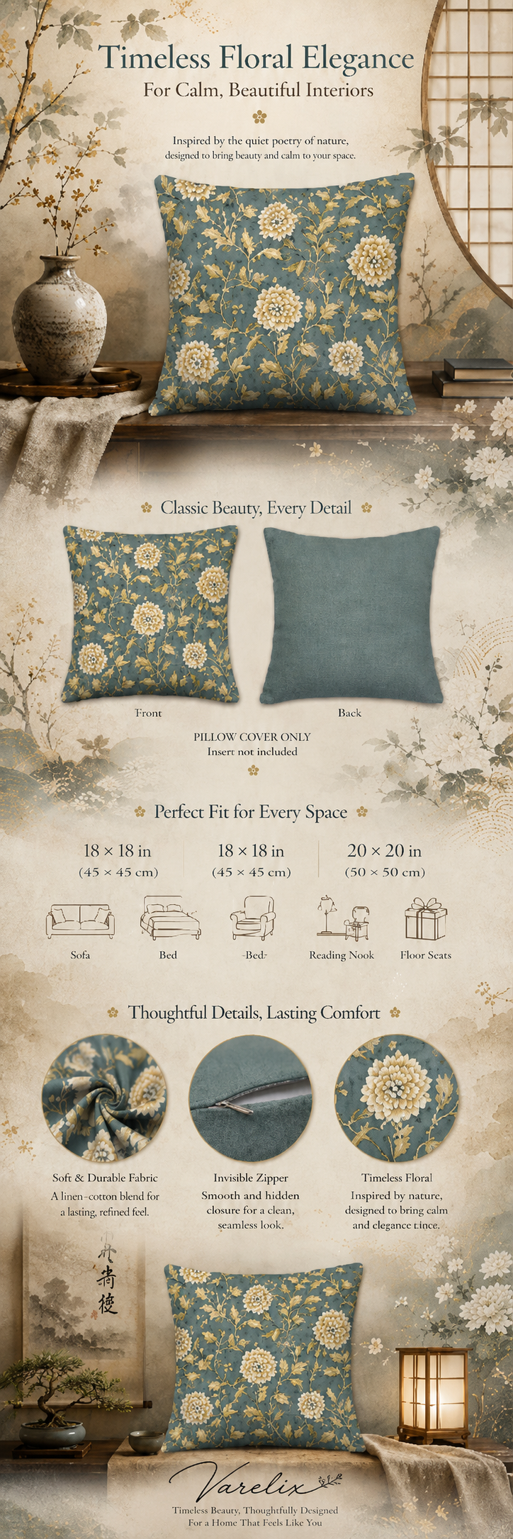 Teal chrysanthemum pillow cover infographic with sizes and product details.