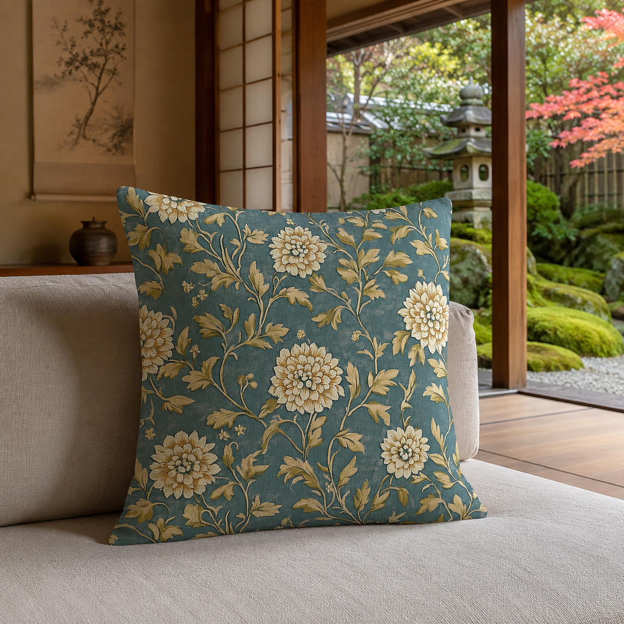 Teal chrysanthemum pillow cover styled in a calm Japanese garden room.