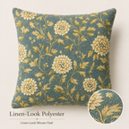 Teal chrysanthemum pillow cover with linen-look woven texture detail.