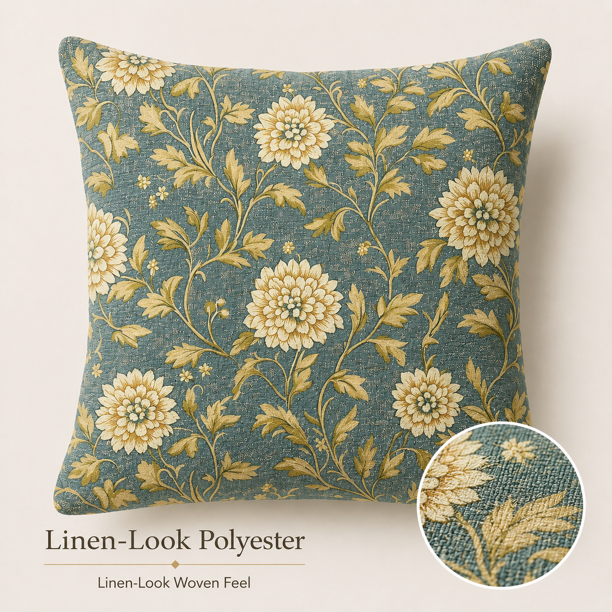 Teal chrysanthemum pillow cover with linen-look woven texture detail.